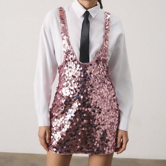 Pink Casual Women's Sequin Strap Sequined Mini Dress - Picture 4 of 5